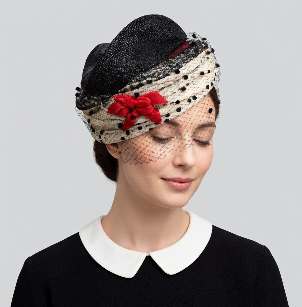 Vintage 50s 60s Dark Blue Straw Whimsy Pillbox Hat Polka Dot Net Veil Red Bow VG
